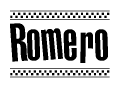 The clipart image displays the text Romero in a bold, stylized font. It is enclosed in a rectangular border with a checkerboard pattern running below and above the text, similar to a finish line in racing. 