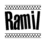 The image contains the text Ramil in a bold, stylized font, with a checkered flag pattern bordering the top and bottom of the text.