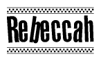 The image contains the text Rebeccah in a bold, stylized font, with a checkered flag pattern bordering the top and bottom of the text.