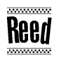 The image contains the text Reed in a bold, stylized font, with a checkered flag pattern bordering the top and bottom of the text.
