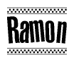The image contains the text Ramon in a bold, stylized font, with a checkered flag pattern bordering the top and bottom of the text.