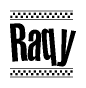 The image is a black and white clipart of the text Raqy in a bold, italicized font. The text is bordered by a dotted line on the top and bottom, and there are checkered flags positioned at both ends of the text, usually associated with racing or finishing lines.