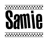 The clipart image displays the text Samie in a bold, stylized font. It is enclosed in a rectangular border with a checkerboard pattern running below and above the text, similar to a finish line in racing. 
