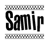The image contains the text Samir in a bold, stylized font, with a checkered flag pattern bordering the top and bottom of the text.