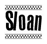 The image contains the text Sloan in a bold, stylized font, with a checkered flag pattern bordering the top and bottom of the text.