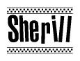 The image contains the text Sherill in a bold, stylized font, with a checkered flag pattern bordering the top and bottom of the text.