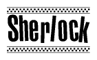 The image contains the text Sherlock in a bold, stylized font, with a checkered flag pattern bordering the top and bottom of the text.