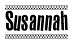 The image contains the text Susannah in a bold, stylized font, with a checkered flag pattern bordering the top and bottom of the text.