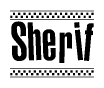 The image contains the text Sherif in a bold, stylized font, with a checkered flag pattern bordering the top and bottom of the text.