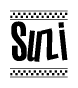 The image is a black and white clipart of the text Suzi in a bold, italicized font. The text is bordered by a dotted line on the top and bottom, and there are checkered flags positioned at both ends of the text, usually associated with racing or finishing lines.
