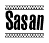   The clipart image displays the text Sasan in a bold, stylized font. It is enclosed in a rectangular border with a checkerboard pattern running below and above the text, similar to a finish line in racing.  