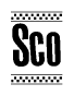 The image is a black and white clipart of the text Sco in a bold, italicized font. The text is bordered by a dotted line on the top and bottom, and there are checkered flags positioned at both ends of the text, usually associated with racing or finishing lines.