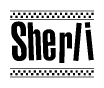 The clipart image displays the text Sherli in a bold, stylized font. It is enclosed in a rectangular border with a checkerboard pattern running below and above the text, similar to a finish line in racing. 
