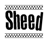 The image is a black and white clipart of the text Sheed in a bold, italicized font. The text is bordered by a dotted line on the top and bottom, and there are checkered flags positioned at both ends of the text, usually associated with racing or finishing lines.