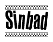 The image contains the text Sinbad in a bold, stylized font, with a checkered flag pattern bordering the top and bottom of the text.