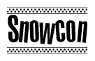 The image contains the text Snowcon in a bold, stylized font, with a checkered flag pattern bordering the top and bottom of the text.