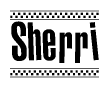 The clipart image displays the text Sherri in a bold, stylized font. It is enclosed in a rectangular border with a checkerboard pattern running below and above the text, similar to a finish line in racing. 