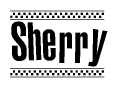 The clipart image displays the text Sherry in a bold, stylized font. It is enclosed in a rectangular border with a checkerboard pattern running below and above the text, similar to a finish line in racing. 