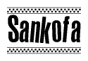 The image contains the text Sankofa in a bold, stylized font, with a checkered flag pattern bordering the top and bottom of the text.