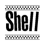 The clipart image displays the text Shell in a bold, stylized font. It is enclosed in a rectangular border with a checkerboard pattern running below and above the text, similar to a finish line in racing. 