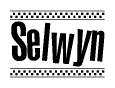 The clipart image displays the text Selwyn in a bold, stylized font. It is enclosed in a rectangular border with a checkerboard pattern running below and above the text, similar to a finish line in racing. 