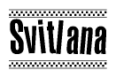 The image is a black and white clipart of the text Svitlana in a bold, italicized font. The text is bordered by a dotted line on the top and bottom, and there are checkered flags positioned at both ends of the text, usually associated with racing or finishing lines.