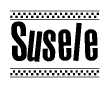 The image is a black and white clipart of the text Susele in a bold, italicized font. The text is bordered by a dotted line on the top and bottom, and there are checkered flags positioned at both ends of the text, usually associated with racing or finishing lines.