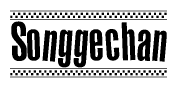 The clipart image displays the text Songgechan in a bold, stylized font. It is enclosed in a rectangular border with a checkerboard pattern running below and above the text, similar to a finish line in racing. 