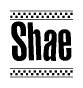 The image contains the text Shae in a bold, stylized font, with a checkered flag pattern bordering the top and bottom of the text.