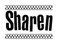 The image is a black and white clipart of the text Sharen in a bold, italicized font. The text is bordered by a dotted line on the top and bottom, and there are checkered flags positioned at both ends of the text, usually associated with racing or finishing lines.