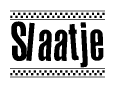 The image is a black and white clipart of the text Slaatje in a bold, italicized font. The text is bordered by a dotted line on the top and bottom, and there are checkered flags positioned at both ends of the text, usually associated with racing or finishing lines.