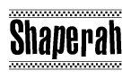The image contains the text Shaperah in a bold, stylized font, with a checkered flag pattern bordering the top and bottom of the text.