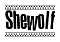 The clipart image displays the text Shewolf in a bold, stylized font. It is enclosed in a rectangular border with a checkerboard pattern running below and above the text, similar to a finish line in racing. 