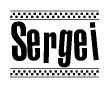 The clipart image displays the text Sergei in a bold, stylized font. It is enclosed in a rectangular border with a checkerboard pattern running below and above the text, similar to a finish line in racing. 