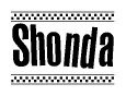 The image is a black and white clipart of the text Shonda in a bold, italicized font. The text is bordered by a dotted line on the top and bottom, and there are checkered flags positioned at both ends of the text, usually associated with racing or finishing lines.
