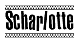 The image is a black and white clipart of the text Scharlotte in a bold, italicized font. The text is bordered by a dotted line on the top and bottom, and there are checkered flags positioned at both ends of the text, usually associated with racing or finishing lines.