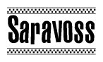 The image contains the text Saravoss in a bold, stylized font, with a checkered flag pattern bordering the top and bottom of the text.