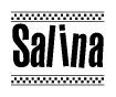 The image contains the text Salina in a bold, stylized font, with a checkered flag pattern bordering the top and bottom of the text.