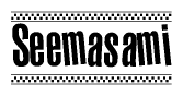 The clipart image displays the text Seemasami in a bold, stylized font. It is enclosed in a rectangular border with a checkerboard pattern running below and above the text, similar to a finish line in racing. 