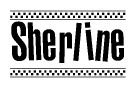The clipart image displays the text Sherline in a bold, stylized font. It is enclosed in a rectangular border with a checkerboard pattern running below and above the text, similar to a finish line in racing. 