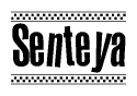 The image contains the text Senteya in a bold, stylized font, with a checkered flag pattern bordering the top and bottom of the text.