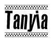 The image is a black and white clipart of the text Tanyia in a bold, italicized font. The text is bordered by a dotted line on the top and bottom, and there are checkered flags positioned at both ends of the text, usually associated with racing or finishing lines.