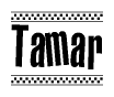 The image contains the text Tamar in a bold, stylized font, with a checkered flag pattern bordering the top and bottom of the text.