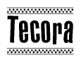 The image contains the text Tecora in a bold, stylized font, with a checkered flag pattern bordering the top and bottom of the text.
