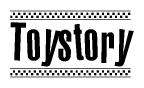 The image contains the text Toystory in a bold, stylized font, with a checkered flag pattern bordering the top and bottom of the text.