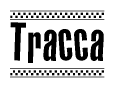 The clipart image displays the text Tracca in a bold, stylized font. It is enclosed in a rectangular border with a checkerboard pattern running below and above the text, similar to a finish line in racing. 