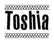 The image contains the text Toshia in a bold, stylized font, with a checkered flag pattern bordering the top and bottom of the text.