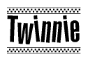 The image contains the text Twinnie in a bold, stylized font, with a checkered flag pattern bordering the top and bottom of the text.