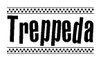The image is a black and white clipart of the text Treppeda in a bold, italicized font. The text is bordered by a dotted line on the top and bottom, and there are checkered flags positioned at both ends of the text, usually associated with racing or finishing lines.