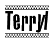 The image contains the text Terryl in a bold, stylized font, with a checkered flag pattern bordering the top and bottom of the text.